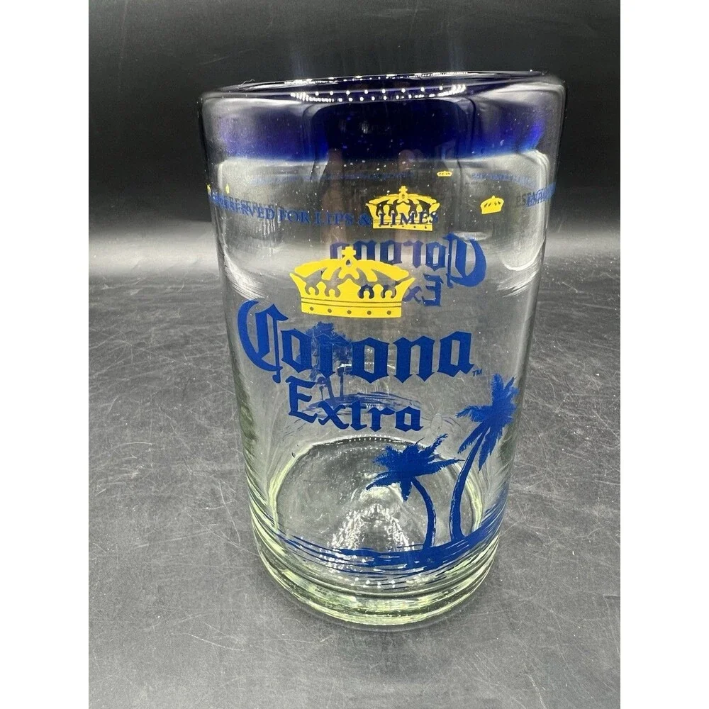 Corona Extra Beach Tiki Beer Glass Cobalt Blue Rim 5 3/8” Palm Trees Pint